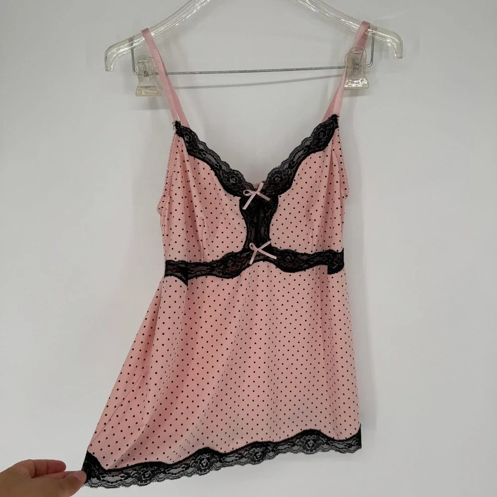Polka Dot Babydoll Pajama Set Sz L Pink Lace Trim Coquette Balletcore Sleepwear‎